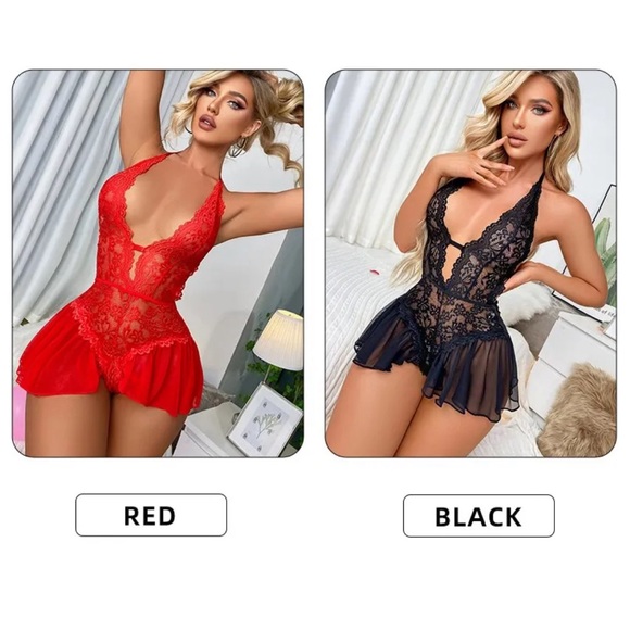Red Lace Crotchless Halter Bodysuit Romper Lingerie - Picture 4 of 5